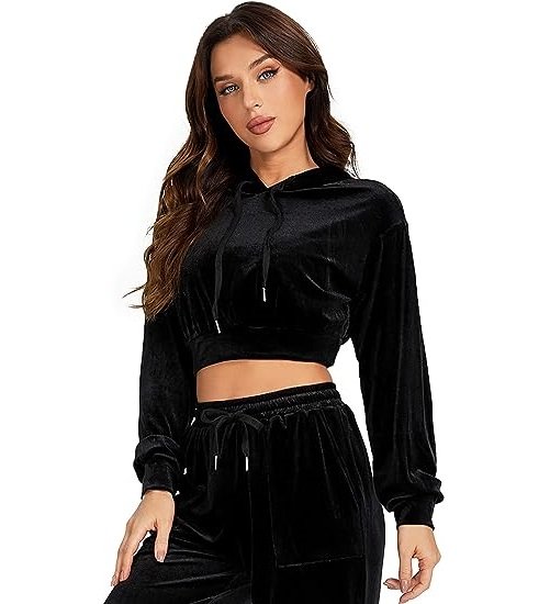 Women's Casual Solid Velvet Drawstring Long Sleeve Crop Hoodie Sweatshirts