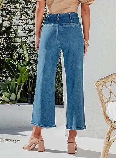 Women's Wide Leg Jeans High Waist Stretch Straight Jeans Button Down Loose Jeans with Pockets