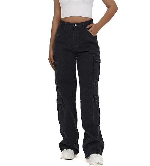 Women's High Waist Cargo Jeans Flap Pocket Baggy Cargo Pants  Wide Leg Denim Jeans.