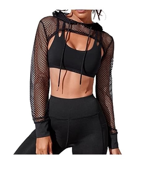 Women's Mesh Fishnet Long Sleeve Hoodie Drawstring Pullover Hoodie Cutout Long Sleeve Cropped Sweatshirt