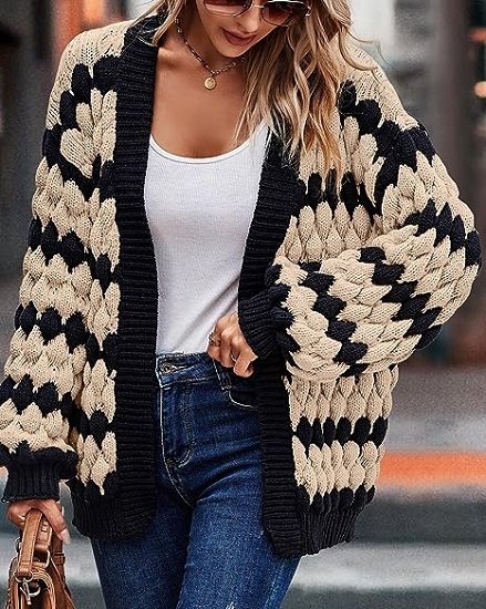 Women's Cardigan Autumn Lantern Sleeve Front Stripe Colorblock Loose Cable Knit Sweater Jacket